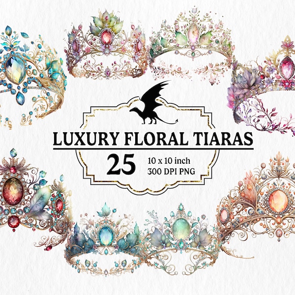 25 Watercolor Luxurious Floral Tiaras Clipart PNG - Enchanting Magical Tiaras Clipart, for commercial use, instant download