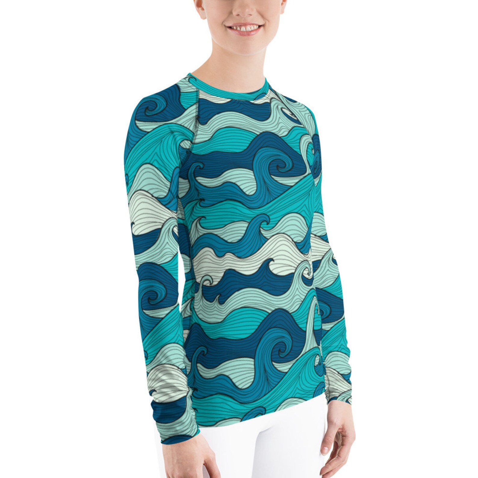 Women Rash Guard Ocean Waves Sun Protection Surf Wear Long Etsy