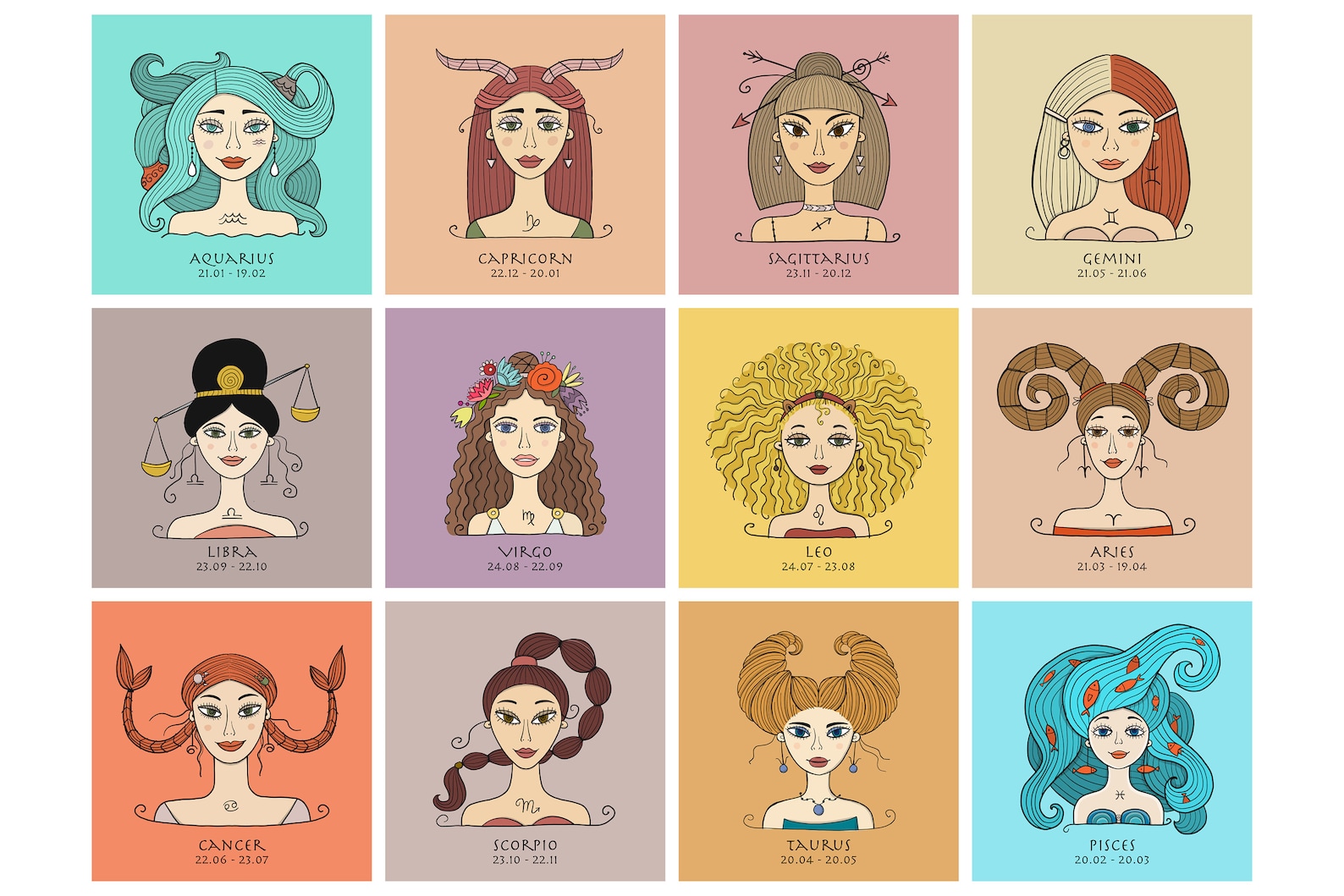 Zodiac Signs Beautiful Zodiac Girls Characters. Digital PDF Etsy