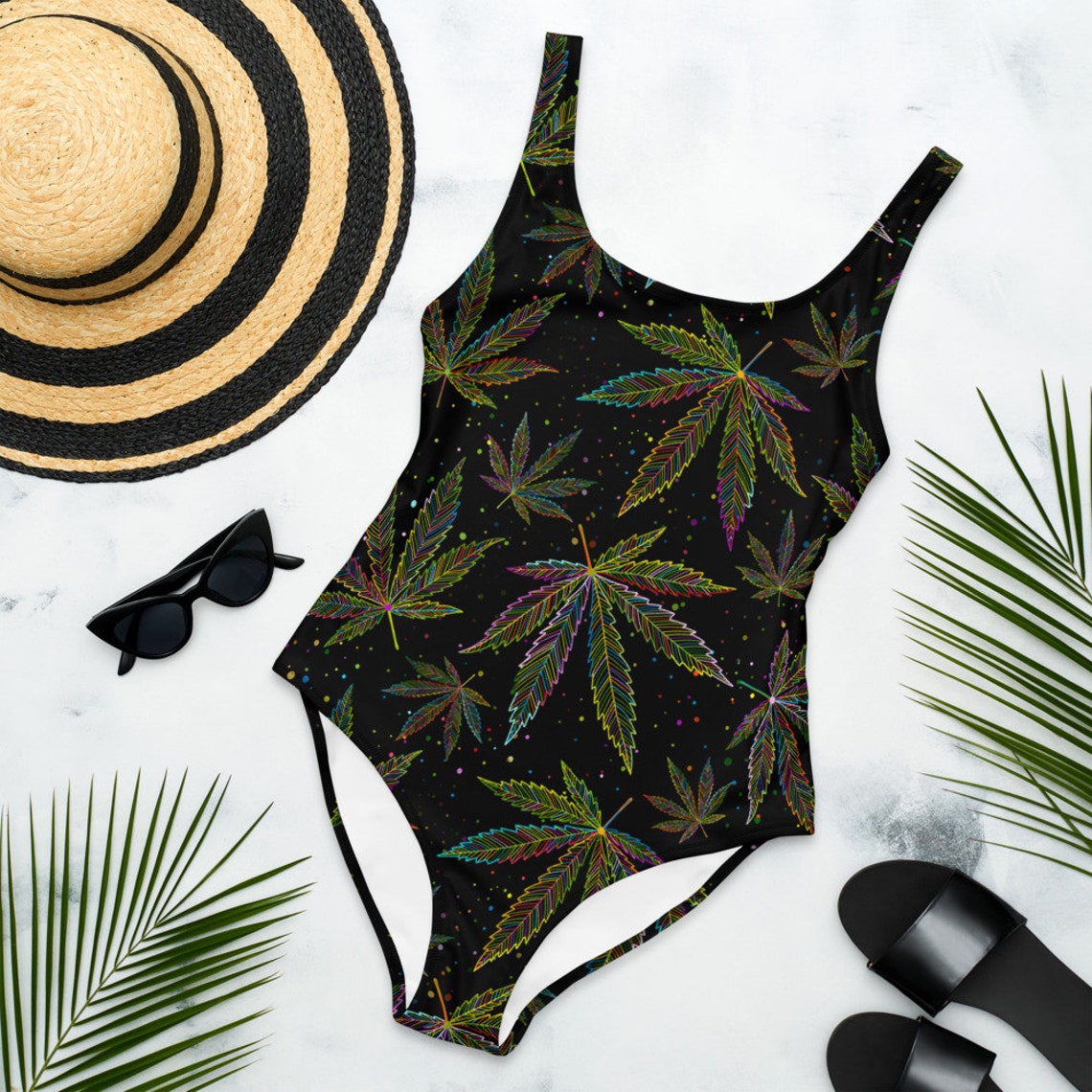 Hemp Leaves OnePiece Swimsuit Designer Swim Suit for Women Etsy