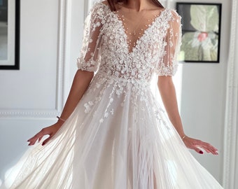 Amora Wedding Dress, Romantic Bridal Gown, Short Sleeved Dress with Lace
