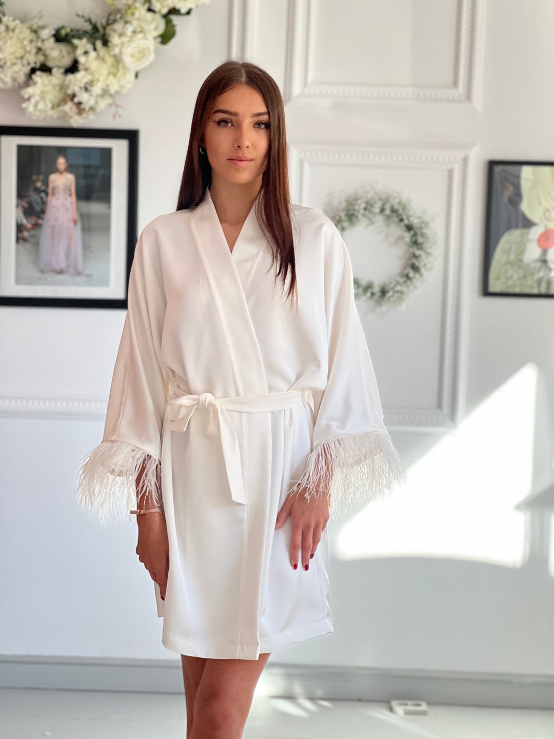 Robe With Feathers Bridal Robe Wedding Robe Satin Robe Etsy