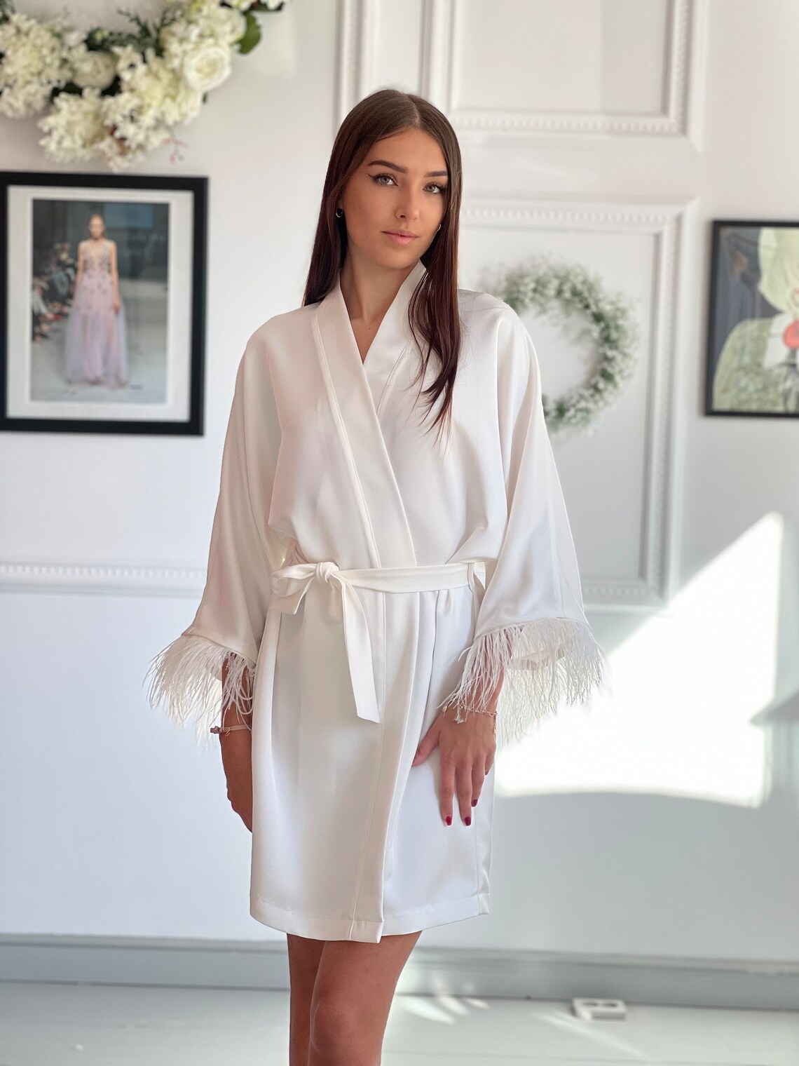 Robe With Feathers Bridal Robe Wedding Robe Satin Robe - Etsy