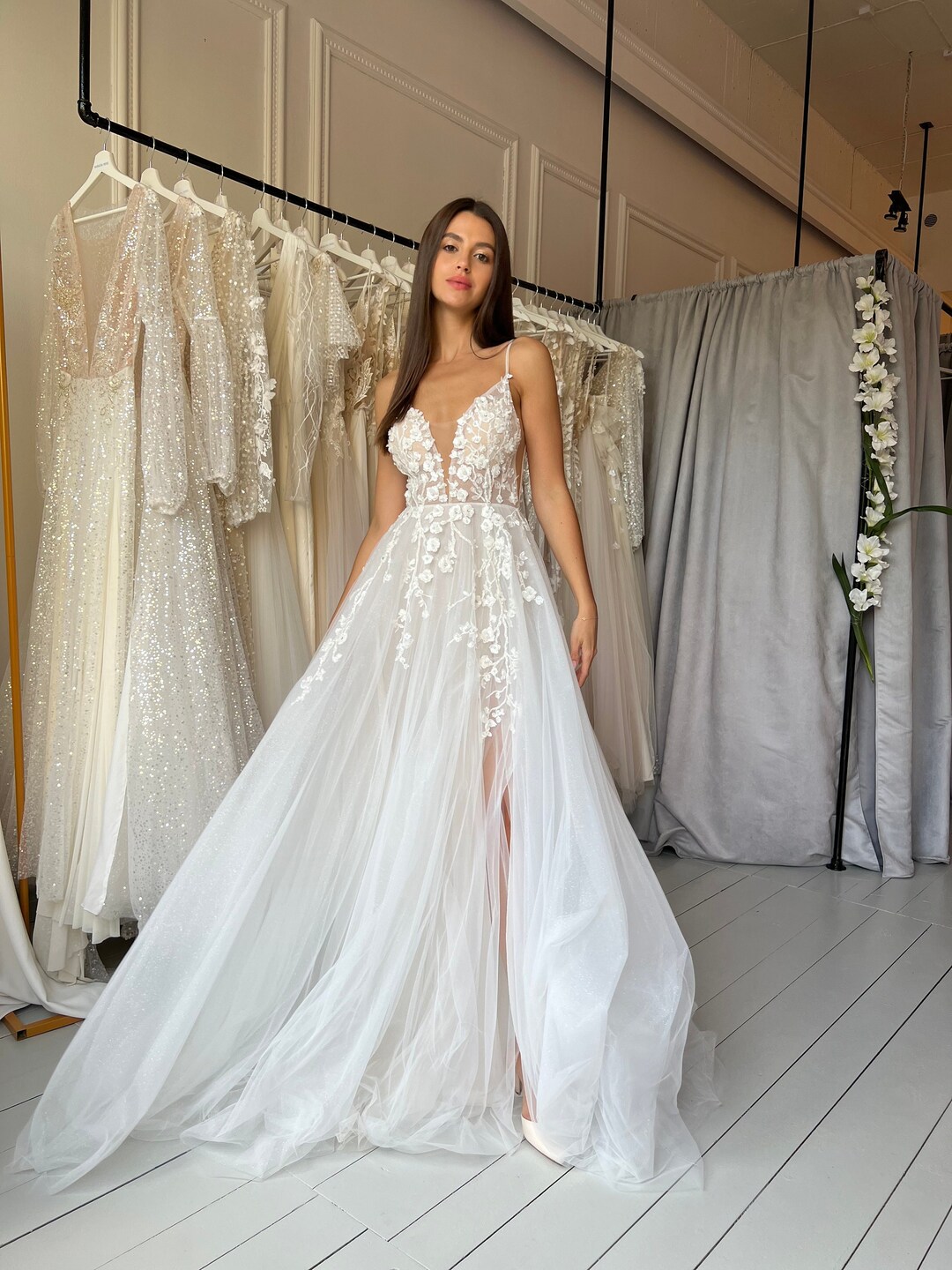 Lily Wedding Dress, Aline Wedding Dress, Glitter Tulle Dress, Lace