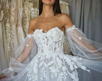 Lisel Wedding Dress, Princess Bridal Dress, Puffed Sleeves, Lace dress, Corset Bridal Gown, Lace Wedding Dress