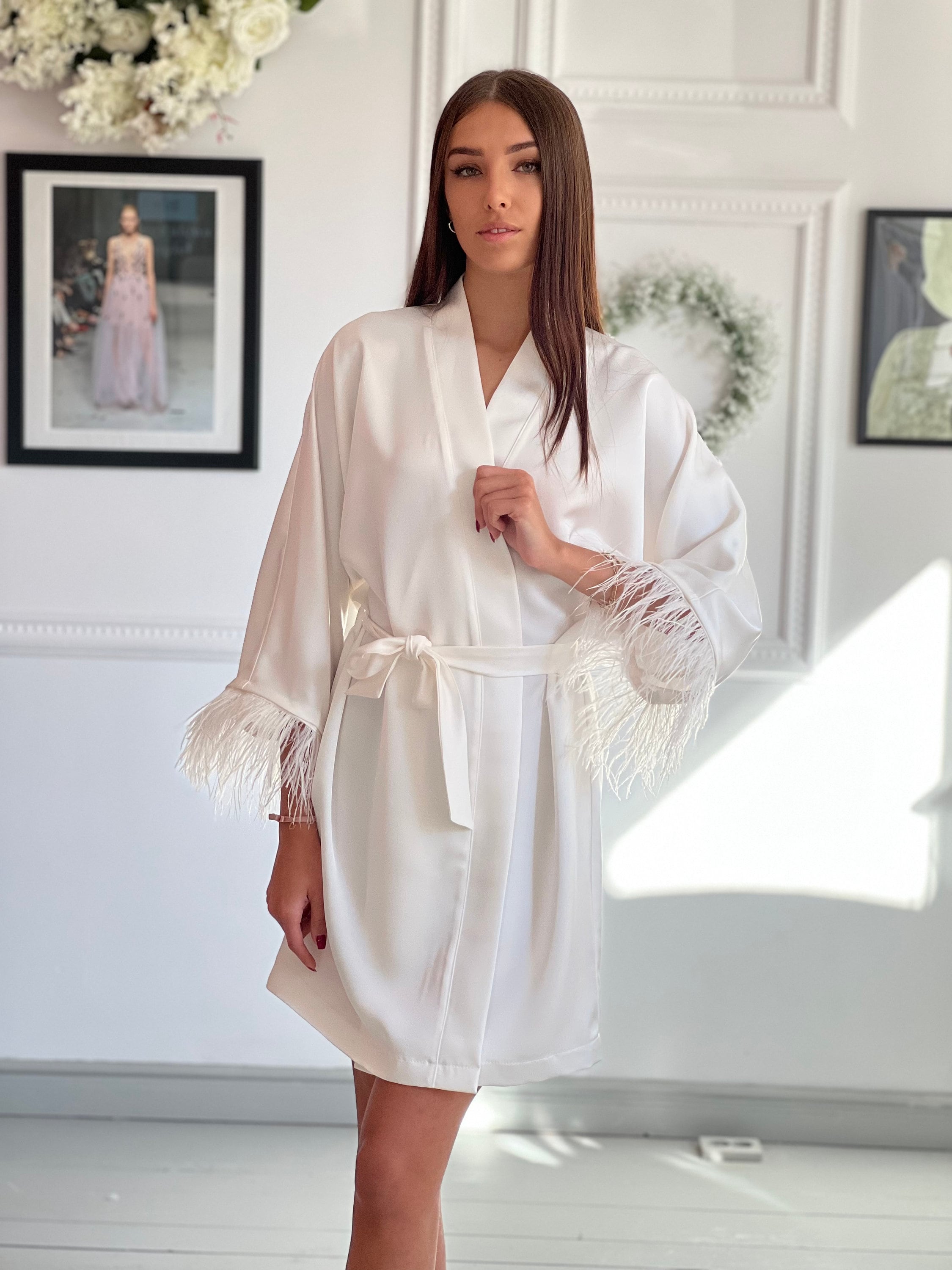 Robe With Feathers Bridal Robe Wedding Robe Satin Robe - Etsy