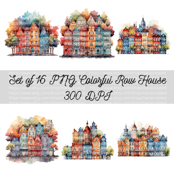 Set of 16 Colorful Row House Watercolor Clipart Bundle | Town, City, Architecture, Building - transparent background PNG  , commercial use