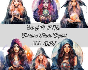 Set of 14 Fortune Teller Clipart Bundle | Tarot, Psychic, Divination, Mystical - transparent background PNG  Sublimation, commercial use
