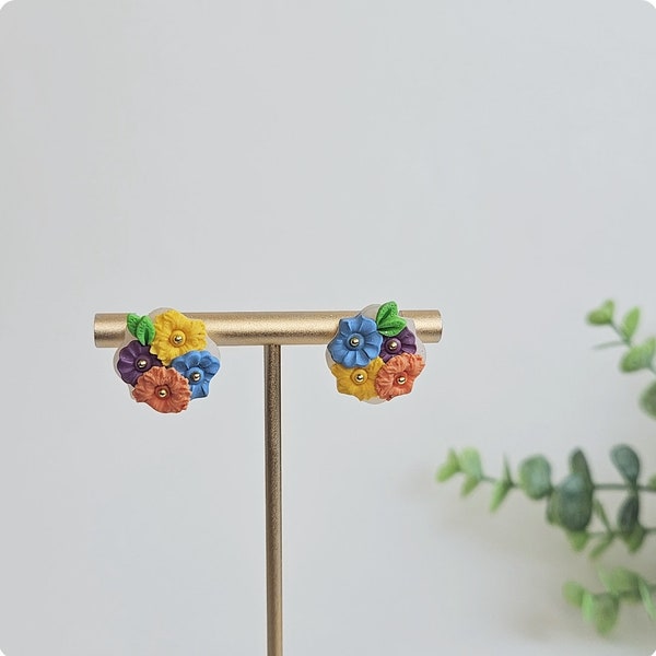 Subtle spring studs/ Garden flower studs/ handmade flower studs/ colorful flower earrings/ Gift idea/ delicate flower studs