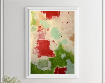 Original Abstract Painting, Fine Art, 18"x24" Painting on Paper, Wall Art, Red, Green, White, Aqua, Shabby Chic Art, Christmas Inspired