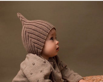 Knitted Baby Pixie Hat, Pixie bonnet, Merino wool baby hat, New baby beanie hat, Hospital beanie hat, Elf hat baby, Little Boy girl hat