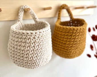 DISPONIBILE Cesto sospeso in cotone lavorato all'uncinetto, per organizzare i giocattoli, contenitore da parete in stile boho, decorazione per la cameretta dei bambini