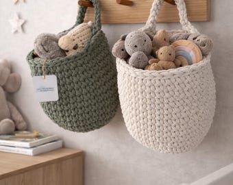 Cestino da appendere alla parete all'uncinetto, Organizzazione giocattoli, Cestino porta giocattoli sospeso, Contenitore per corridoio, Regalo per l'inaugurazione della casa, Contenitore da appendere alla parete, Decorazione per la cameretta dei bambini