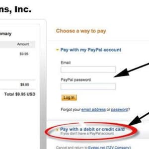 Pu&ograve; includere: Uno screenshot di una pagina di checkout di un sito web con un logo PayPal e un segno di spunta accanto all'opzione di pagamento con carta di debito o di credito. Il testo "Clicca qui" &egrave; accanto al segno di spunta. Il testo "NO" &egrave; accanto all'opzione di pagamento con un account PayPal.