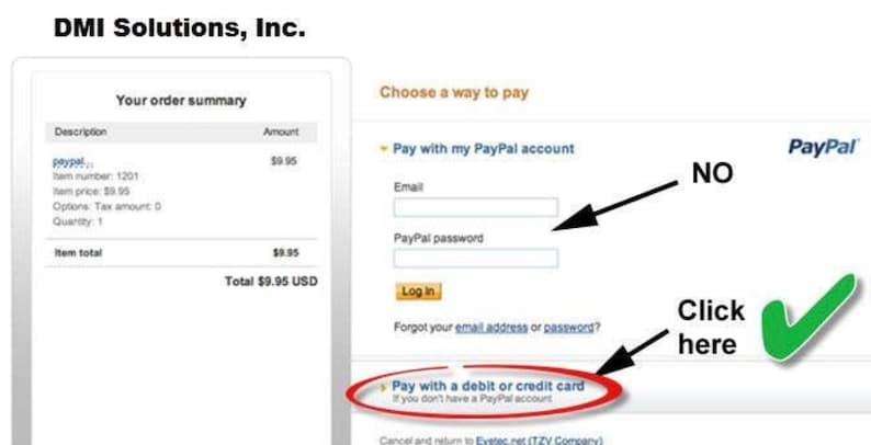 Pu&ograve; includere: Uno screenshot di una pagina di checkout di un sito web con un logo PayPal e un segno di spunta accanto all'opzione di pagamento con carta di debito o di credito. Il testo "Clicca qui" &egrave; accanto al segno di spunta. Il testo "NO" &egrave; accanto all'opzione di pagamento con un account PayPal.