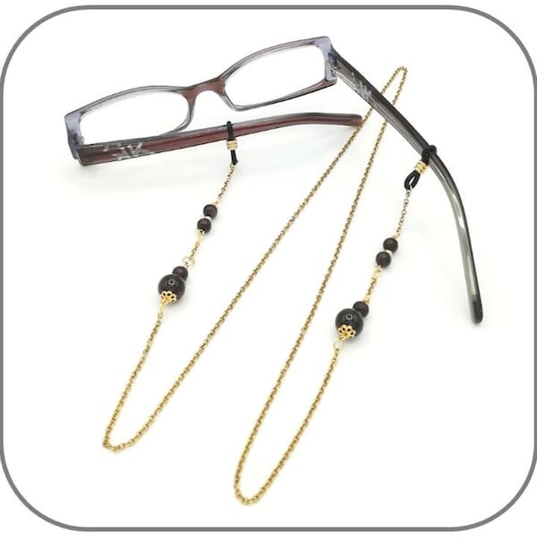 Pierre au choix Chaîne de Lunettes Doré Acier plaqué Or 18k Pierre naturelle 6mm et 10mm pour femme Embout noir ou blanc