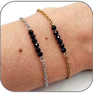 Fine Black Spinel Bracelet Natural stone round faceted 2.5-3mm Steel chain silver or gold for women Length of your choice