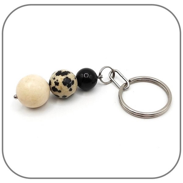 Porte clés Pierre naturelle Onyx Jaspe Dalmatien Jaspe fossile pour femme ou homme Acier inoxydable Option Mousqueton pivotant