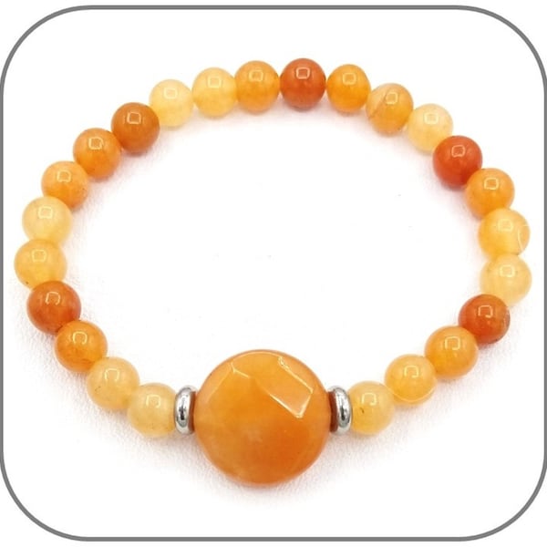 Bracelet Jade Topaze orangé Pierre naturelle rond facettes 16mm et perles 6mm Rondelle acier argent ou doré pour femme - Longueur au choix