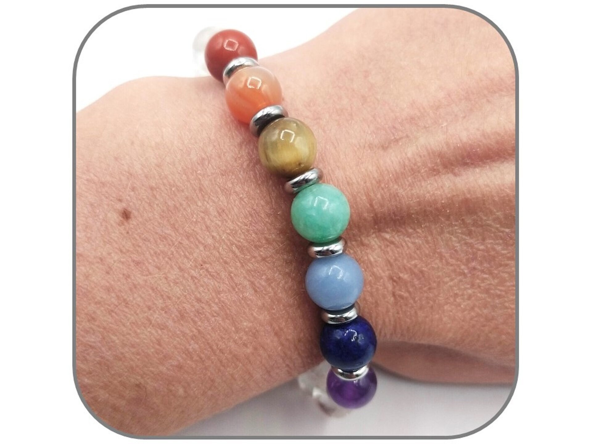 Bracelet Perles 7 Chakras Fait Main - Jaspe Rouge, Améthyste, Aigue-marine, Sur Mesure