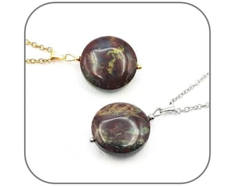 Silver or gold pendant Natural stone Dragon's blood jasper Heliotrope Round 20mm for women or men Steel chain option