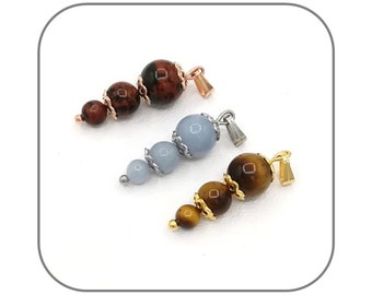 Pendentif 3 Perles En Pierre Naturelle - Collier Au Choix - Neuf Avec Étiquettes