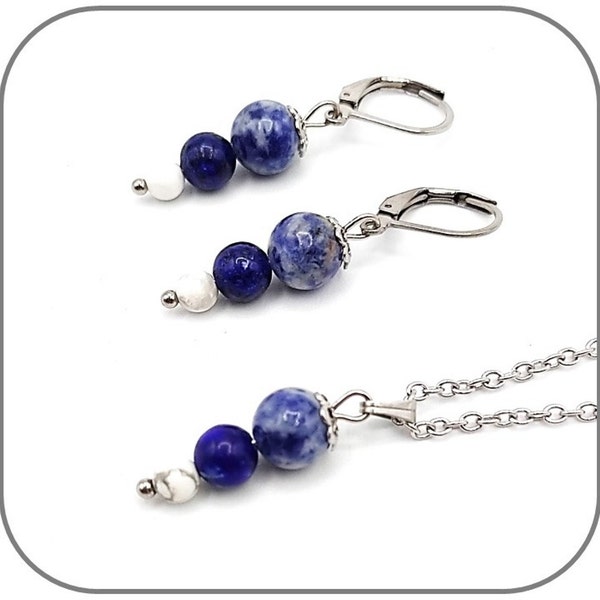 Parure Acier argent ou doré Pendentif Boucles d'oreilles Chakra 3ème Oeil Pierre naturelle Lapis lazuli Sodalite Howlite pour femme