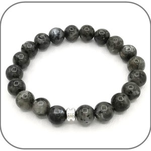 Labradorite Larvikite Bracelet, 6-8mm, Dark Grey Round Natural Stone, for Men or Women, Silver or Gold Bead, Length of Your Choice