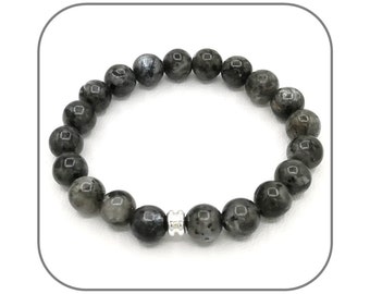 Labradorite Larvikite Bracelet, 6-8mm, Dark Grey Round Natural Stone, for Men or Women, Silver or Gold Bead, Length of Your Choice