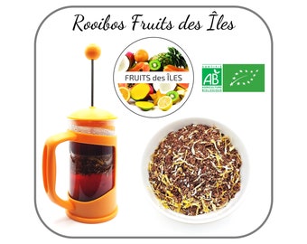 Rooibos Fruits des îles Bio Parfum Gourmand et Exotique, Infusion sans théine, Préparation chaude ou glacée 10-50-150g au choix