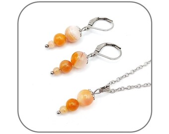 Silver or gold steel set Pendant Earrings Sacred Chakra Natural stone Sardonyx Jade Sunstone for women