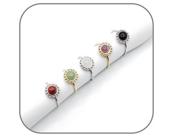 Rosette Flower Ring with Natural Stone, Round Cabochon 6mm, for Women, Silver or Gold Steel, Adjustable Size 50 to 60mm
