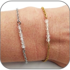 Pulsera de Cristal de Roca Piedra natural redonda facetada 2,5mm Cadena de acero plata o dorado para mujer Largo a elegir