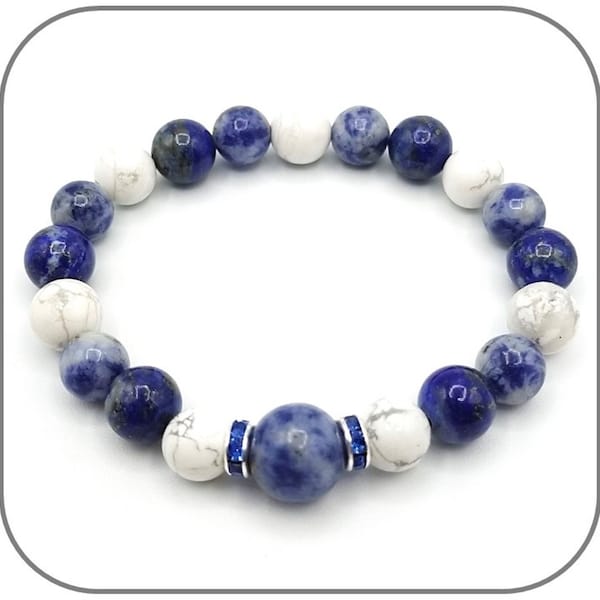 Bracelet Chakra 3ème Œil Pierre naturelle Lapis Lazuli, Sodalite et Howlite pour femme ou homme - Longueur au choix