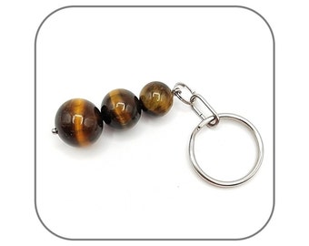 Tiger&#39;s Eye Keychain Natural Round Stone 10-12-14mm for Men or Women Stainless Steel Swivel Carabiner Option