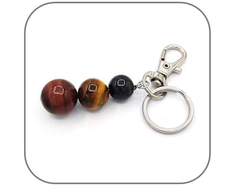 Key ring Tiger&#39;s eye Bull&#39;s eye Cat&#39;s eye Natural stone 10-12-14mm for women or men Stainless steel Carabiner option
