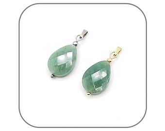 Green Aventurine Pendant, Natural Stone, Teardrop Shape, Faceted, 18mm, for Women. Optional Silver or Gold Steel Chain.