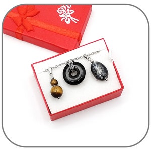 Protection Set x3 Natural Stone Pendants: Obsidian, Tiger's Eye, and Labradorite-Larvikite on a Silver Steel Chain for Women