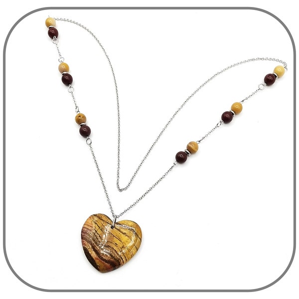 Collier Sautoir Acier Pierre naturelle Jaspe Mookaite - Mokaite Gros Pendentif Cœur Ocre pour femme Longueur 70cm Modèle unique