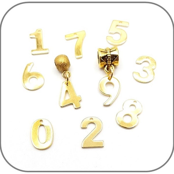 Chiffre au choix - Breloque Pendentif Acier doré 1-2-3-4-5-6-7-8-0 pour créer des bijoux collier, bracelet, porte clés