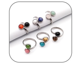 Adjustable ring You and Me Natural stone Round cabochon 6mm for women Silver steel Adjustable size 50 to 56mm