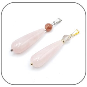 ローズクォーツペンダント 天然石 ティアドロップ 30mm 6mm パール シルバーまたはゴールドスチール 女性用