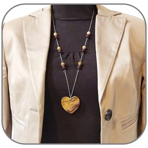Necklace necklace long necklace Natural stone Jasper Mookaite Mokaite Large Heart Pendant Ocher for women Steel silver Length 70cm Unique model