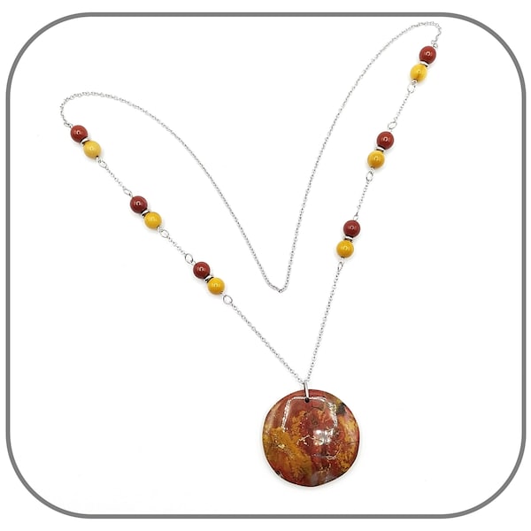 Collier Sautoir Acier Pierre naturelle Jaspe Mookaite et Bréchique Gros Pendentif rond pour femme Longueur 70cm Modèle unique