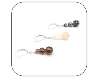 Boucles d'oreilles Argent 925 Pierre naturelle 3 perles Taille croissante 4-6-8mm pour femme ou fille - Pierre au choix