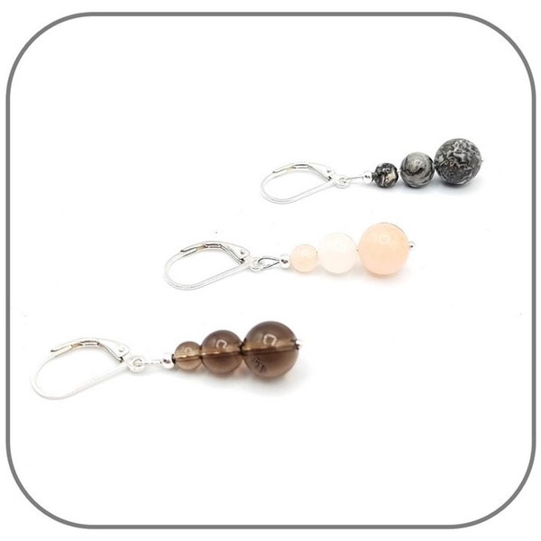 925 Silver Earrings Natural stone 3 pearls Increasing size 4-6-8mm for women or girls - Stone of your choice