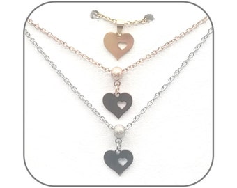 Steel Heart Pendant Charm and Small Inner Heart, Silver, Gold or Rose Gold color to create necklace, bracelet, key ring jewelry