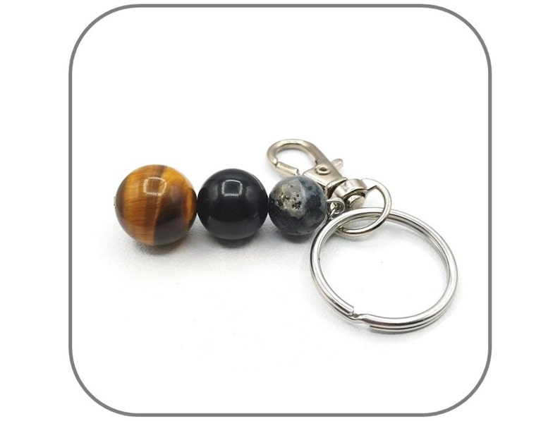 Llavero Protección Ojo de Tigre Obsidiana Negra Labradorita Piedra natural redonda 10-12-14mm para mujer o hombre Acero inoxidable imagen 2