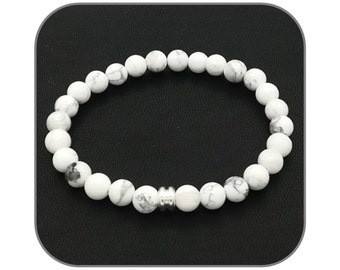 Bracelet Howlite 4-6-8mm Pierre naturelle Apaisement lisse et ronde pour homme ou femme - Perle argent ou dorée - Longueur au choix