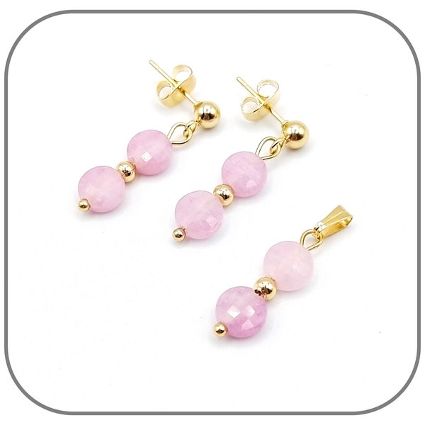 Parure Acier Doré Jade Lilas Pierre naturelle rond plat facettes 6x4mm Ensemble Collier, Pendentif et Boucles d'oreilles pour femme